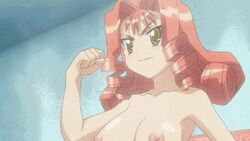 angry animated blush bouncing_breasts breasts brown_eyes character_request cleavage female long_hair lowres pointy_chin prism_ark red_hair