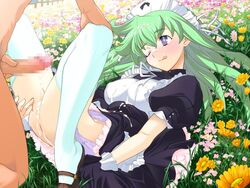 1boy 1girls after_sex alice_soft artist_request blue_eyes blush breasts cum cum_in_pussy cum_inside cum_on_body cum_on_breasts cum_on_face erect_nipples flowers game_cg green_hair kobayakawa_chinu long_hair maid maid_uniform naked nipples one_eye_closed penis pussy rance_(series) sengoku_rance shoes stockings straight tongue tongue_out white_skin