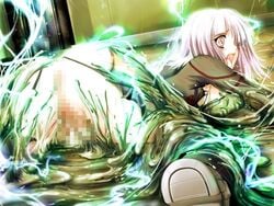 1girls censored clothing game_cg imminent_rape mushitsukai open_mouth pink_eyes pink_hair pussy ripped_clothing short_hair slime slime_monster solo ueda_metawo white_skin yulia_alexeevna_belaya