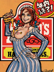 1girls areola artist_signature blue_eyes bowtie breasts breasts_out cheese erect_nipples exposed_breasts female female_only food freckles grin hairtie hamburger hand_on_hip holding_object japanese_text mustard nipples pigtails red_hair smile solo_female superlog teeth wendy's wendy_thomas