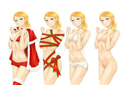 bikini_top blonde_hair blue_eyes breasts cape christmas eshan&#039;tarl female final_fantasy final_fantasy_xi long_hair lucifa naked_ribbon naked_thighhighs navel nipples nude pubic_hair red_ribbon ribbon santa_costume short_shorts shorts solo thighhighs