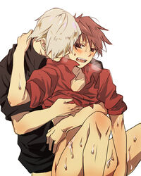 07th_expansion 2boys battler_ushiromiya blush bottomless cum from_behind gm heavy_breathing human juuza_amakusa male male_only multiple_males pant panting red_eyes red_hair saliva shirt_lift smile smiling sweat umineko_no_naku_koro_ni undressing white_hair yaoi