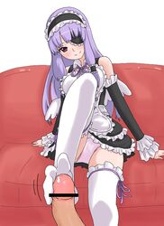 1boy 1girls censored dream_c_club eye_patch feet footjob footjob_with_legwear light-skinned_female light-skinned_male light_skin long_hair maid maid_headdress mari_(dream_c_club) oyu_(おゆ) penis precum sitting smile soles thighhighs toes