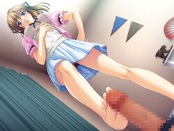 brown_hair censored feet footjob game_cg looking_down mahiro_takeumi mecha-mimi panties penis skirt standing standing_footjob sudou_miharu underwear