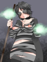 black_hair breasts cape choker demon's_souls dress female fromsoftware long_hair maiden_in_black nipples pussy robustar solo staff wardrobe_malfunction