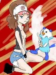 2010 artist_request blue_eyes breasts brown_hair cap closed_eye cum cum_on_eye cum_on_hat cumshot daisy_dukes female game_freak hat hilda_(pokemon) human kneeling long_brown_hair long_hair long_ponytail male mostly_clothed nintendo nipples oshawott penis pokeball pokeball_logo pokemon pokemon_(species) pokemon_bw pokephilia ponytail shoes small_breasts source_request vest