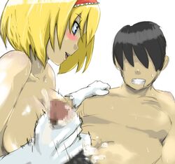 alice_margatroid blonde_hair blue_eyes blush censored cum cum_on_body cum_on_hands cum_on_upper_body cumming ejaculation faceless faceless_male femdom gloves hairband handjob hyudora open_mouth orgasm penis pubic_hair short_hair sweat touhou white_gloves