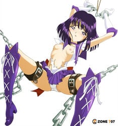 bishoujo_senshi_sailor_moon bondage boots bound breasts chains choker clothing female female_only flat_chest hotaru_tomoe nipples purple_eyes purple_hair sailor_saturn school_uniform skirt solo straight_hair torn_clothes zone_707