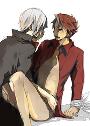 07th_expansion 2boys battler_ushiromiya blush bondage bottomless bound_wrists brown_eyes clothed_on_nude gm highres human juuza_amakusa male male_only multiple_males open_clothes open_mouth open_shirt red_hair red_shirt shirt silver_hair sweat tied umineko_no_naku_koro_ni yaoi