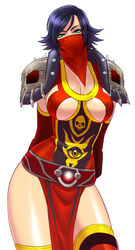 antimo bandana belt black_hair breasts cowboy_shot detached_sleeves female female_only front_view green_eyes highres human large_breasts looking_at_viewer mask nipple_bulge perky_breasts shiny_skin short_hair short_hair_female shoulder_pads simple_background skimpy solo spikes standing tabard thighhighs vanessa_vancleef warcraft white_background world_of_warcraft