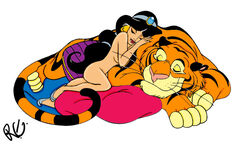 1animal 1girls aladdin animal artist_request black_hair cozy cuddling disney disney_princess eyes_closed feline female feral fur human male nude nude_female princess_jasmine rajah tiger wholesome