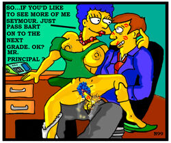 blue_hair bottomless breasts chair cheating cheating_wife clothing color desk dialog english_text female hair human kiss_mark lipstick male marge_simpson necklace necron99 pearl_necklace phone pubic_hair sex seymour_skinner sitting skin straight text the_simpsons vaginal_penetration yellow_skin