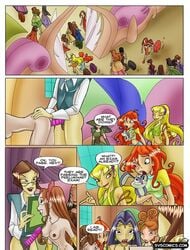 bloom_(winx_club) breasts comic comic_page dialogue english_text fairies fairy female female_only glasses griselda_(winx_club) kiko_(winx_club) light-skinned_female multiple_girls sex speech_bubble stella_(winx_club) strap-on teacher text thin_waist wasp_waist winx_club xl-toons.com yuri