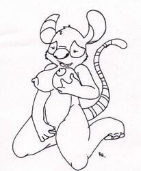 anthro black_and_white breast_lift breasts disney doubledip_(lilo_and_stitch) female female_only lilo_and_stitch line_art monochrome nipples pussy rascalraccoon rough_sketch solo tagme