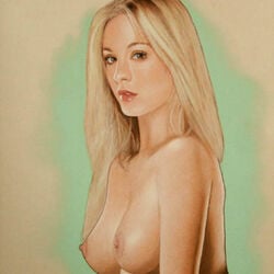 blonde_hair breasts bust_portrait celebrity detailed ernie_centofanti female female_only human kaley_cuoco looking_aside nipples nude pale_skin real_person realistic side_view solo tagme