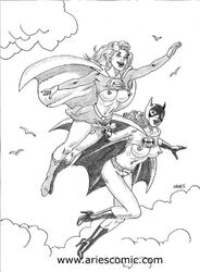 aries_(artist) barbara_gordon bat batgirl dc female futa_on_female futanari intersex kara_zor-el monochrome nipples supergirl superman_(series) tagme