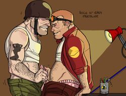 2boys andy_wilson body_hair closed_eyes dog_tags engineer engineer_(team_fortress_2) erection facial_hair frottage gay ginger_hair goggles_on_forehead helmet holding_penis lamp male male_only motion_lines multiple_males multiple_penises open_shirt pants_down pants_open penis penises_touching precum_bubble rubbing_penis shirt_up soldier soldier_(team_fortress_2) tattoo team_fortress_2 valve yaoi