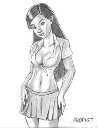 1girls asian asian_female black_and_white black_hair breasts cho_chang cleavage clothed_female clothes crop_top eyes female female_only front_view fully_clothed hair hands_on_hips harry_potter long_hair looking_at_viewer medium_breasts miniskirt monochrome navel open_eyes prophet school_uniform schoolgirl shirt short_skirt signature simple_background skirt solo standing stomach student tied_shirt tight_clothes uniform watermark white_background