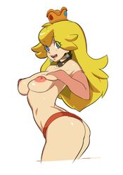 1girls blonde_hair blue_eyes breasts collar crown earrings female female_only jacqli long_hair mario_(series) nintendo nipples panties princess_peach red_panties simple_background smile solo standing topless underwear white_background