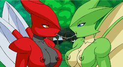 breasts color female female_only kissing multiple_females multiple_girls nintendo pikanjo pokémon_(species) pokemon pokemon_snap pokemon_snap_xxx saliva_trail scizor scyther yuri