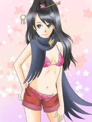 black_hair bra cleavage green_eyes gyakuten_saiban kay_faraday long_hair low_cut_pants low_waist panties pink_bra pink_panties pink_underwear scarf shorts unbuttoned unbuttoned_shorts