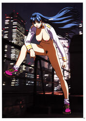 bangs blue_eyes blue_hair blunt_bangs blurry border bottomless breasts building choker city crop_top depth_of_field doujinshi female footwear geneshaft glowing hanging_breasts highres large_breasts leaning_forward leg_lift legs lights lipstick long_hair looking_at_viewer military military_uniform mosaic naughty_face night night_sky nipples no_bra official_art ooshima_yasuhiro open_clothes open_shirt outdoors photo_background pubic_hair public_nudity pussy scan scan_artifacts shoes sky smile sneakers socks sofia_galgalim solo spread_legs standing uniform wind