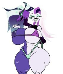 2025 2_heads 2girls anthro ass big_ass big_breasts bikini bikini_bottom bikini_top black_eyelashes breasts breasts_bigger_than_head cigarette cigarette_holder curvy curvy_female curvy_figure demon demon_girl demon_humanoid digital_drawing_(artwork) digital_media_(artwork) edit edited gills helluva_boss holding_bikini_bottom leviathan_(helluva_boss) looking_at_viewer marine multicolored_hair narrowed_eyes nipple_bulge showing_teeth smoking springtron swimwear thick_thighs thin_waist two_tone_body vivienne_medrano vivziepop white_body white_eyes white_hair white_skin wide_hips