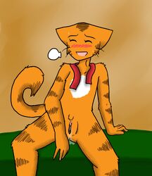 amaya_(bcb) anthro bittersweet_candy_bowl black feline female happy kangarookevin markings orange pussy pussy_juice sitting smile solo spread_legs spreading tabby webcomic