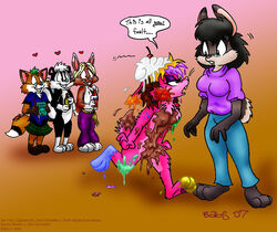 angry anthro bunny_bloom candy clothed clothes eric_schwartz female fur furry lagomorph messy nude pussy rabbit smile unknown_character walking watching