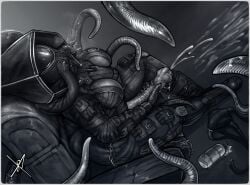 1futa alien alien_humanoid ambiguous_gender big_penis biped bodily_fluids breasts chair clothed clothing commander_eight cum cybernetics cyborg digital_media_(artwork) eighttheexophile ejaculation erection female_(lore) furniture futa_only genital_fluids genitals gynomorph hi_res humanoid intersex leather leather_clothing machine mask masturbation monster not_furry on_chair penis science_fiction simple_background sitting sitting_on_chair solo tail tentacle tentacle_creature text transentience