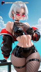 1girls 2025 ai_assisted ai_generated anime artist_name bird blue_sky cloud drake_(nikke) explicit fishnet_legwear fishnets gloves goddess_of_victory:_nikke hi_res high_quality high_resolution highres jacket navel pantyhose patreon patreon_username red_eyes short_hair sky skypassion solo stable_diffusion water watermark