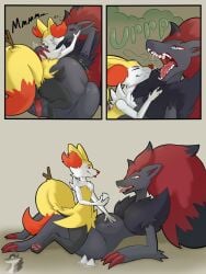 animal_genitalia anthro arkailart balls bodily_fluids bodily_noises braixen burping burping_in_face burping_up_object canid canine canine_genitalia digestion duo erection fox fully_inside generation_4_pokemon generation_5_pokemon generation_6_pokemon genitals group hi_res hyper hyper_belly kissing lucario male male/male male_braixen mammal nintendo onomatopoeia pokemon pokemon_(species) saliva saliva_on_tongue saliva_string sitting_on_another size_difference sound_effects text tongue tongue_out trio vore zoroark