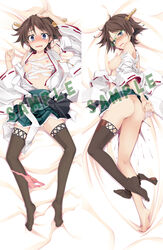 ass bare_shoulders bed_sheet blue_eyes blush breasts brown_hair dakimakura detached_sleeves eyewear female glasses hairband hiei_(kantai_collection) japanese_clothes kantai_collection legs lying multiple_views nipples nontraditional_miko ogami_kazuki on_back on_side open_mouth panties panties_around_leg short_hair solo thighhighs underwear undressing