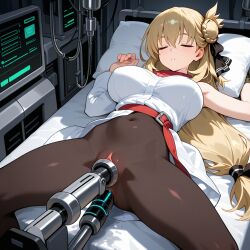 1girls agnes_claudel ai_generated anal anal_sex bed blonde_hair closed_eyes clothing eiyuu_densetsu female female_only fucking_machine fully_clothed large_breasts legs_apart long_hair machine pale-skinned_female pale_skin sex_machine sleep_sex sleeping solo solo_female vaginal_penetration