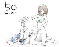 2girls amami_haruka artist_request bikini_top blue_hair blush body_blush bottomless bound_wrists bow brown_hair english female fingering hair_ornament hair_over_one_eyes hairbow idolmaster kent_mame kisaragi_chihaya kneeling long_hair monochrome multiple_girls partially_colored pubic_hair pussy restrained short_hair simple_background sketch sweat top-down_bottom-up white_background yuri