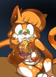 absurd_res anthro april_(vg_cats) belly big_breasts blue_eyes breasts domestic_cat eyelashes felid feline felis female freckled_breasts freckled_face freckled_shoulders freckles fur green_eyes hair hi_res long_hair mammal multicolored_body multicolored_eyes multicolored_fur orange_arms orange_body orange_fur orange_hair orange_spots orange_tail pink_nose scott_ramsoomair sex_toy solo spots streaming_setup tail vg_cats vglewds white_arms white_belly white_body white_fur white_spots white_torso