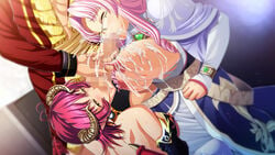 1boy 2girls ball_sucking big_breasts breasts caressing_testicles censored collaborative_fellatio cowgirl_position cum cum_in_mouth cum_on_body cum_on_breasts cum_on_upper_body demon_girl demon_tail demon_wings emeraria fellatio game_cg glasses horns kyonyuu_fantasy kyonyuu_fantasy_gaiden large_breasts mosaic_censoring multiple_girls nipple_tweak nipples oral pink_hair pointy_ears shamsiel shamsiel_shahar shamujerushaharu succubus teamwork waffle