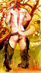 1boy anthro ass back balls bandana canine chaps cowboy fur furry hat java looking_at_viewer male male_only solo tail topless wolf