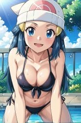 2025 4kids_entertainment ai_generated anime belly black_bikini black_dot_eyes black_eyebrows blue_eyes_female blue_hair_female dawn_(pokemon) deviantart female_only hands_on_water inviting_viewer long_hair_female looking_at_viewer monstercat112 nintendo open_mouth_smile pink_blush pink_symbol_on_hat pokemon pool_background smile_at_viewer smiling_at_viewer tummy water_background wet_body wet_head white_hat yellow_hairclip