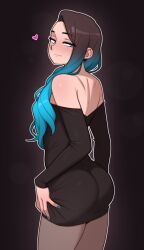 back_view black_hair blue_hair blush butt dross ear_piercing femboy girly heart heart_symbol jewels_(dross) light-skinned_male light_skin long_hair looking_at_viewer looking_back looking_back_at_viewer male male_only multicolored_hair painted_nails sapphire_(dross) seductive shading shiny_ass shiny_clothes shiny_skin smile solo tagme tight_clothing