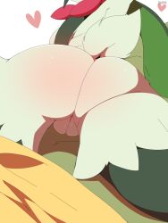 anthro ass bed_sheet bedding big_butt biped butt_focus faceless_character female fur generation_9_pokemon genitals green_body hi_res meowscarada multicolored_body nintendo nude pokemon pokemon_(species) rear_view sarox simple_background sitting solo tail thick_thighs vulva
