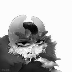 ambiguous_gender anthro bodily_fluids claws cum cum_drip cum_dripping_from_face cum_dripping_from_mouth cum_in_mouth cum_inside cum_on_claws cum_on_face dripping genital_fluids glare glaring_at_viewer hi_res looking_at_viewer looking_forward monochrome reskaro reskaro_kern_(reskaro) simple_background solo