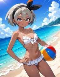 2025 4kids_entertainment ai_generated anime bea_(pokemon) beach_background belly black_dot_eyes black_hair_bow brown_body brown_skin closed_mouth_smile deviantart elryusam female_only grey_eyebrows grey_eyes grey_hair_female grinning_at_viewer hand_on_hip holding_beachball inviting_viewer looking_at_viewer nintendo pokemon red_blush sea_background short_hair_female smile_at_viewer smiling_at_viewer tummy wet_body wet_face wet_head white_bikini