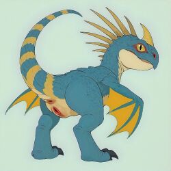 ai ai_generated anus bing_image_creator blue_body cartoon deadly_nadder dragon dreamworks eclipsetheorca facial_horn female feral genitals hi_res horn how_to_train_your_dragon invalid_background looking_at_viewer looking_back mythological_creature mythological_scalie mythology nose_horn pupils pussy raised_tail scalie simple slit_pupils solo stable_diffusion stormfly tail wyvern yellow_eyes