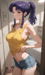 ai_generated apartment brown_eyes covered_nipples erect_nipples erect_nipples_under_clothes jean_shorts katsuragi_misato looking_at_viewer misato_katsuragi navel neon_genesis_evangelion nipples_visible_through_clothing no_bra ponytail purple_hair short short_shorts tank_top thong unbuttoned unbuttoned_shorts underwear yellow_tank_top