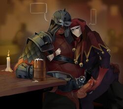 2025 2boys armor armored_male ass_grab background balls bara beer beer_mug belly bounty_hunter_(darkest_dungeon) candle clothed clothed_male clothed_sex cowl darkest_dungeon gauntlets gay gloved_handjob gloves handjob helmet jester jester_(darkest_dungeon) larger_male male male_only masked masked_male mefff penis penis_out scrotum sitting_on_lap skinny_male stubble table tavern testicles twink unseen_male_face veiny_penis yaoi