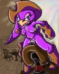 avian beak blue_eyes boots breasts chair cowboy_hat dildo dildo_sitting female gloves hat licking licking_lips looking_at_viewer masturbation mechanical_bull navel nipples partially_clothed purple pussy pussy_juice sega sex_toy sonic_(series) sonic_riders swallow table tagme teeth tongue tongue_out unknown_artist wave_the_swallow