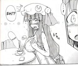 ! blush breasts female greyscale hair hat koakuma lactation large_breasts monochrome patchouli_knowledge ribbon table tea teacup touhou very_long_hair