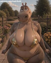ai ai_art ai_generated anthro belly big_breasts bikini breasts breasts_apart camel_toe cameltoe clothing common_hippopotamus dreamworks female giant_breasts gigantic_breasts gloria_(madagascar) gloria_the_hippopotamus hi_res hippopotamid huge_breasts huge_hips huge_thighs large_breasts looking_at_viewer madagascar_(series) mammal matriksai micro_bikini navel pussy segmented_stomach side_boob skindentation slightly_chubby smile solo string_bikini swimwear thick_thighs two-piece_swimsuit under_boob wide_hips