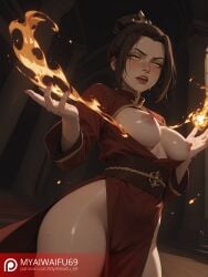 2025 ai_generated anime anime_style avatar_the_last_airbender azula big_breasts breasts breasts_out brown_hair fire fire_nation hi_res high_quality high_resolution highres makeup myaiwaifu69 red_robe robe solo solo_female solo_focus spell standing yellow_eyes